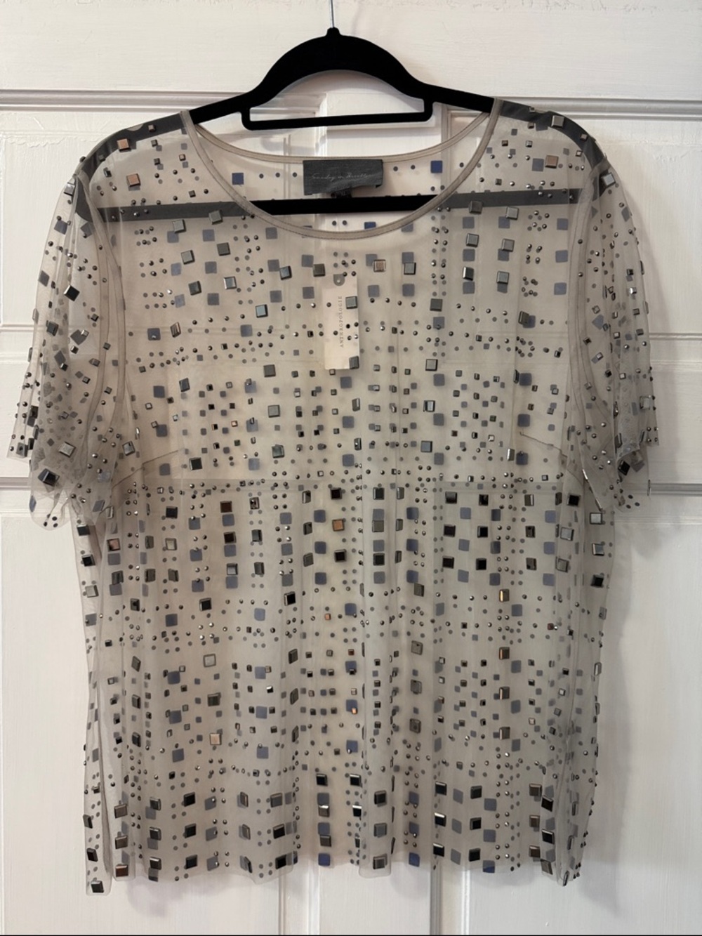 Sunday in Brooklyn Cream Sheer Mesh Tee with Silver Embellishments